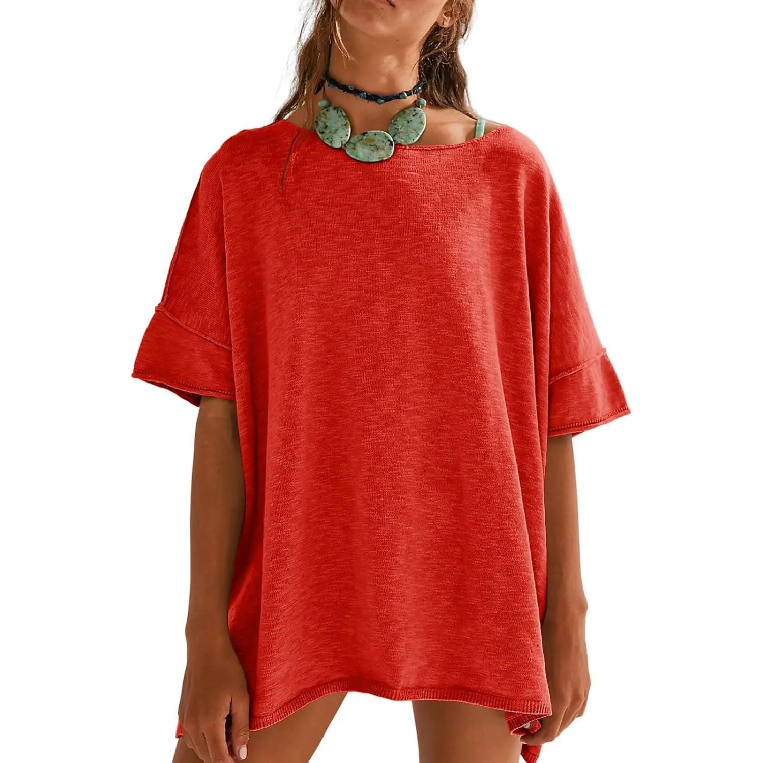 Women's Oversized T Shirts Casual Summer Crew Neck Loose Dropped Short Sleeve Side Slit Hem Blouse Tunic Tops Sweater Tee