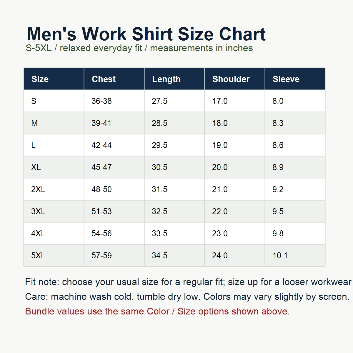 Flag sleeve work shirt size chart