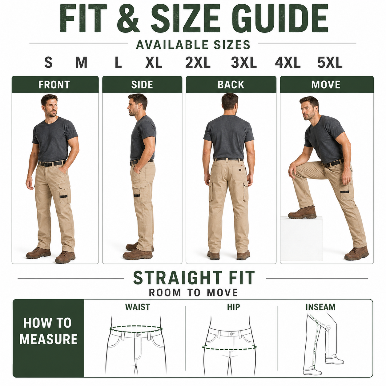 Multi-pocket work pants S to 5XL fit and measurement guide