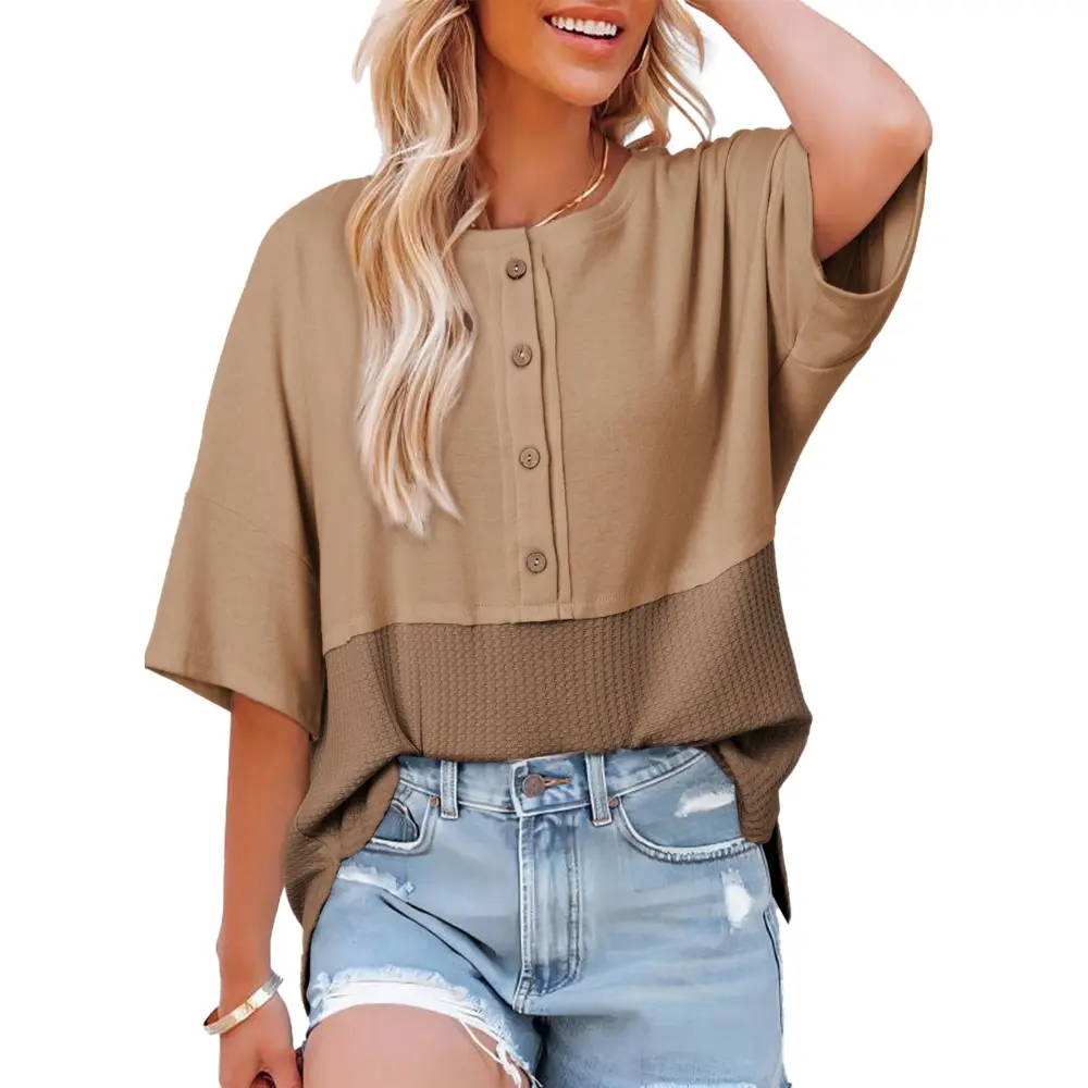 Womens Waffle Knit Tops 3/4 Sleeve Casual Button Down Shirts Crew Neck Oversized Patchwork Blouses