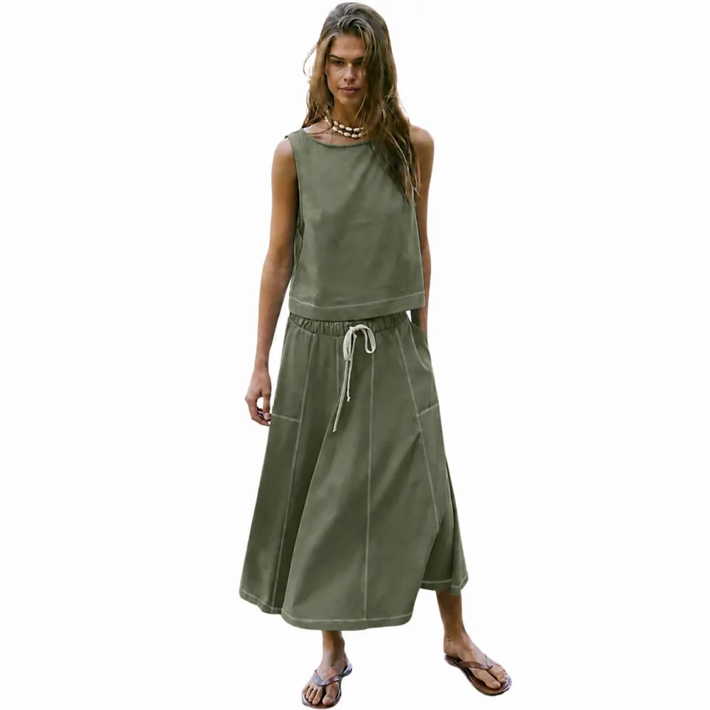Women's Sleeveless Crop Top Midi Skirt Two Piece Set