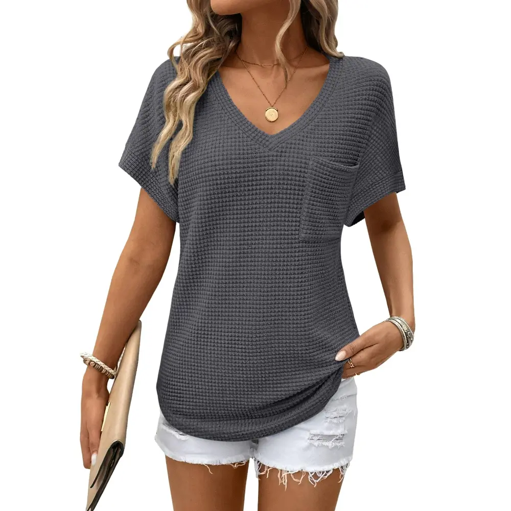 Women's Waffle Knit V-Neck Casual Summer Tops - Lightweight & Breathable Basic Tee for Beach, Party, Work