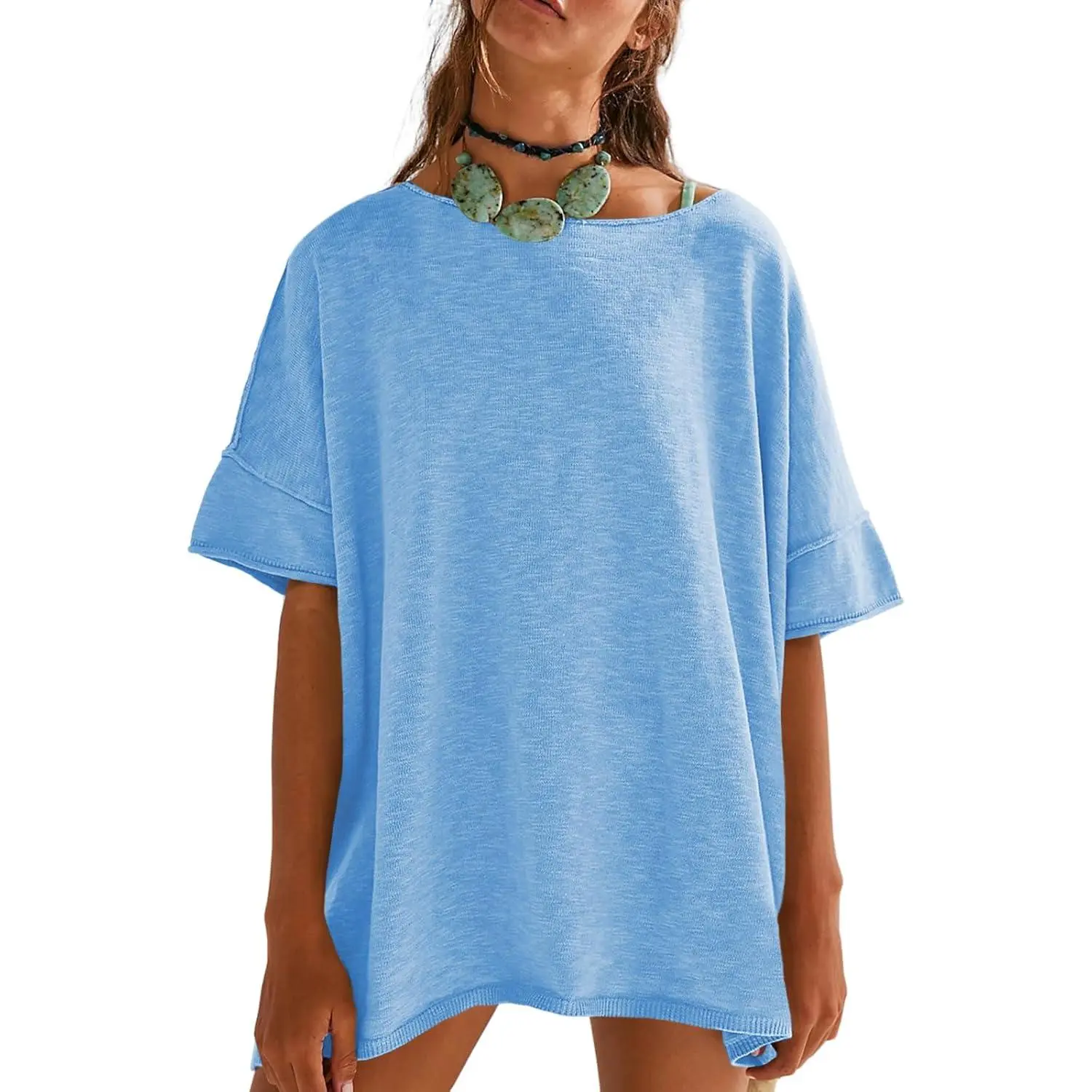 Women's Oversized T Shirts Casual Summer Crew Neck Loose Dropped Short Sleeve Side Slit Hem Blouse Tunic Tops Sweater Tee