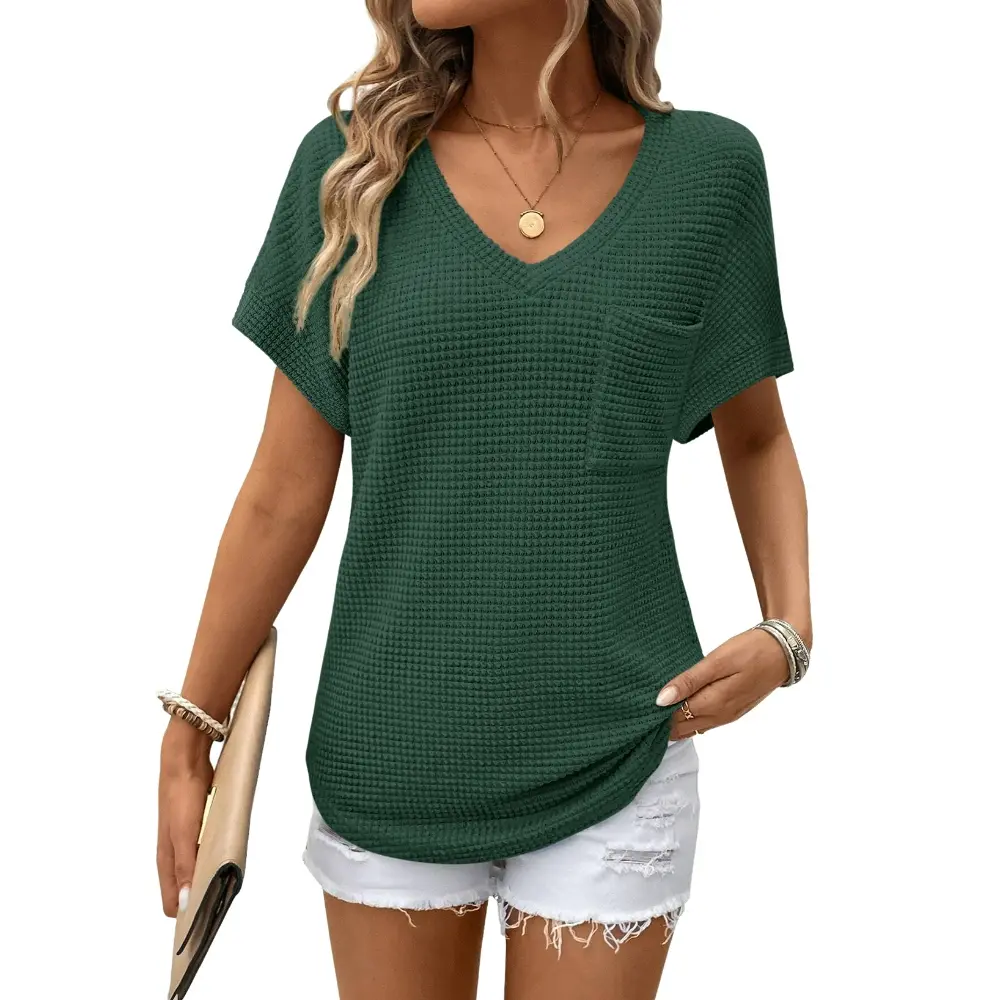 Women's Waffle Knit V-Neck Casual Summer Tops - Lightweight & Breathable Basic Tee for Beach, Party, Work