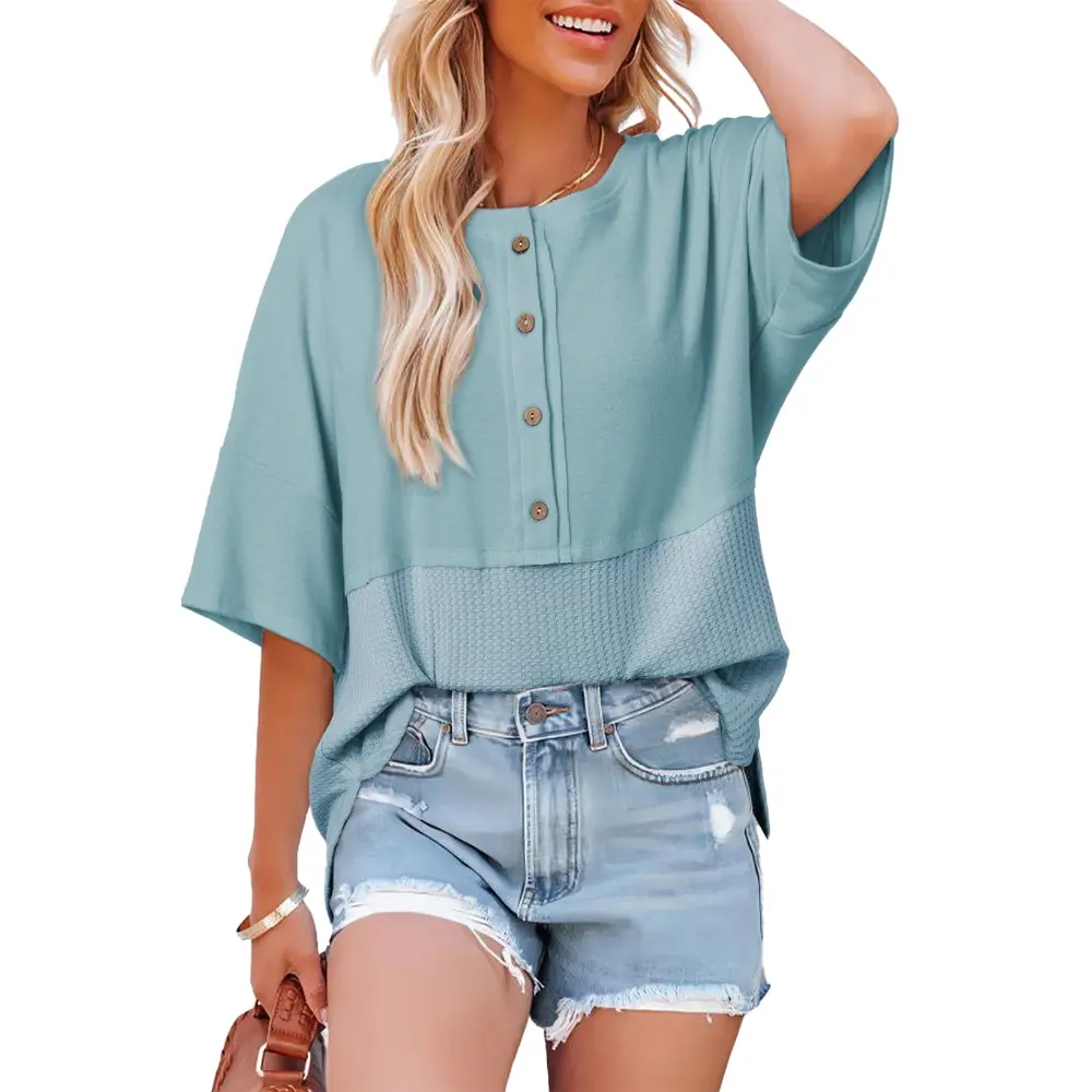 Womens Waffle Knit Tops 3/4 Sleeve Casual Button Down Shirts Crew Neck Oversized Patchwork Blouses