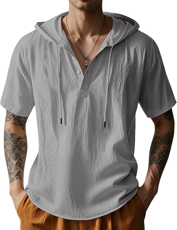 Men's Cotton Linen Shirts Short Sleeve Casual Button Down Hoodies Summer Hawaiian Beach Top with Drawstring