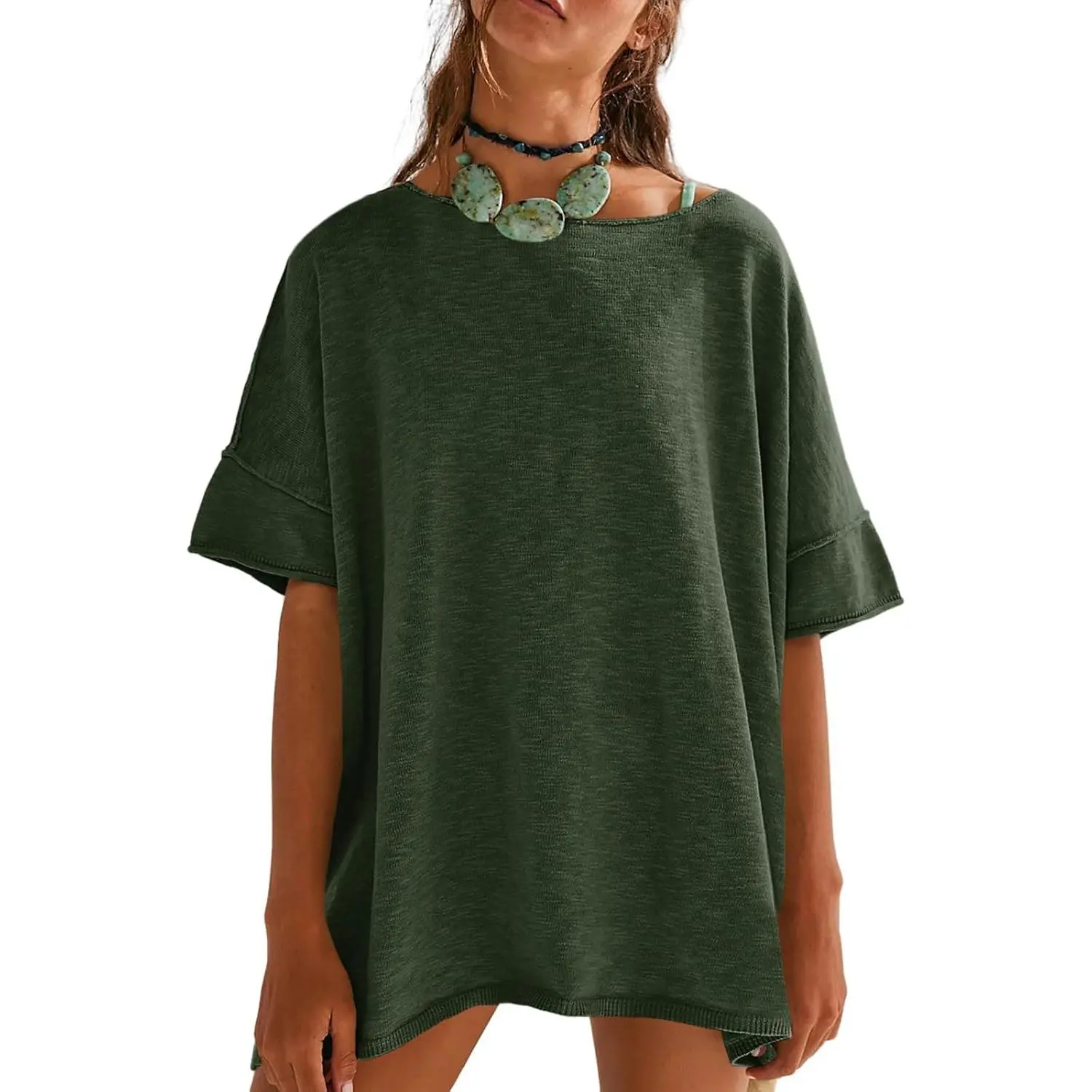 Women's Oversized T Shirts Casual Summer Crew Neck Loose Dropped Short Sleeve Side Slit Hem Blouse Tunic Tops Sweater Tee