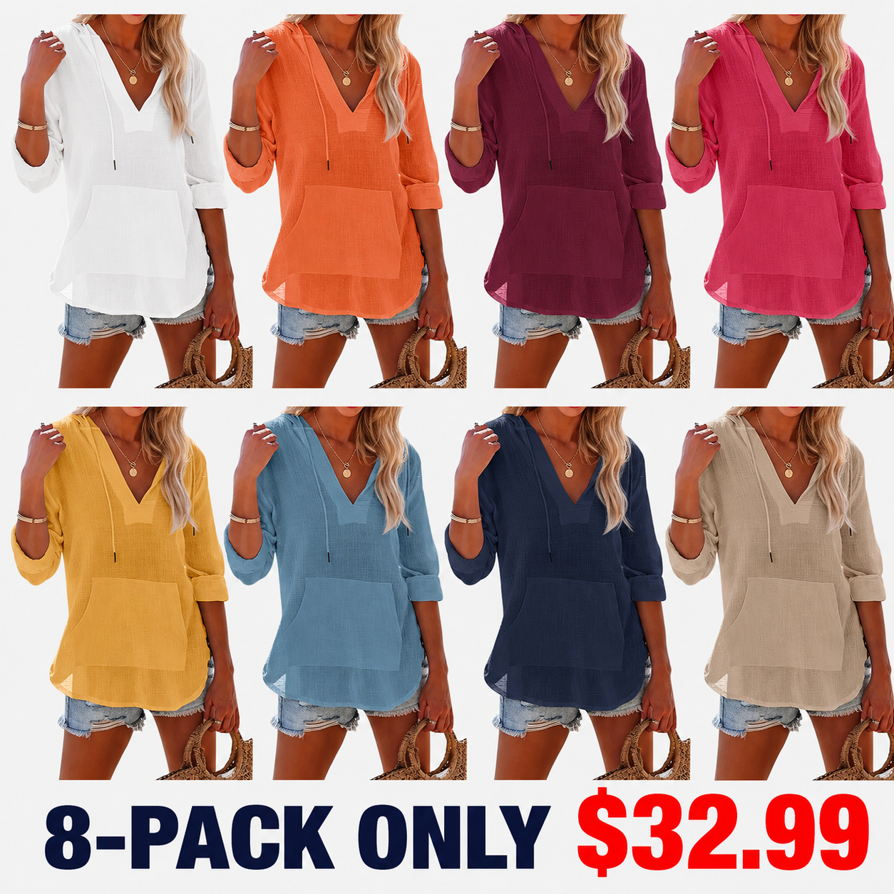 Women's Beach Cover Up hoodies sweatshirt Long Sleeve V-Neck Pocketed Hooded Shirt Top Casual Womenswear
