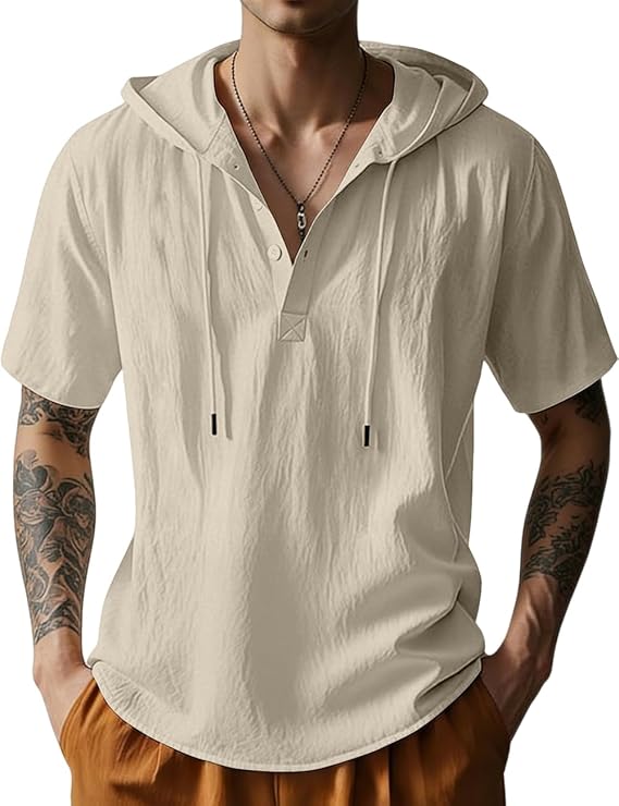 Men's Cotton Linen Shirts Short Sleeve Casual Button Down Hoodies Summer Hawaiian Beach Top with Drawstring