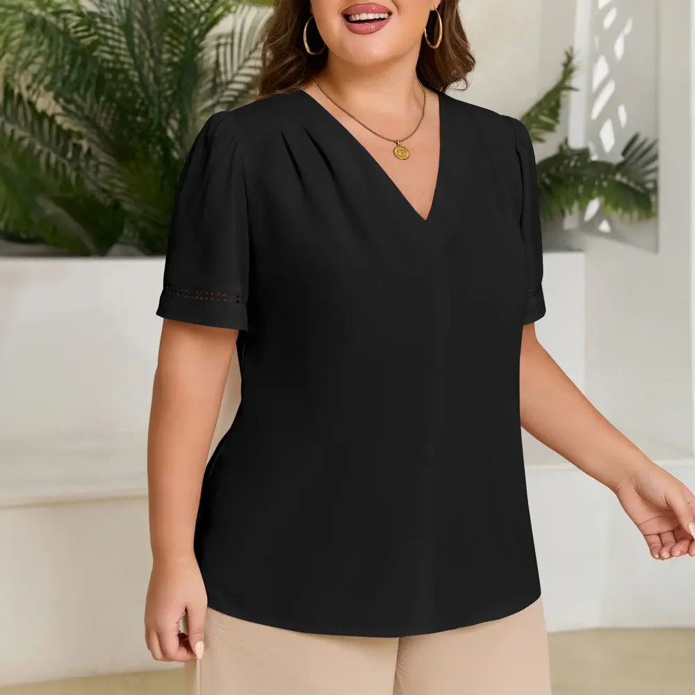 Dressy Casual Pleated V-Neck Short Sleeve Business Work Office Blouses Shirts (XS-L  1X-5X)