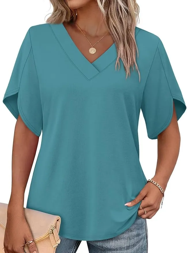 Women's V‐Neck Petal Short Sleeve Summer Top