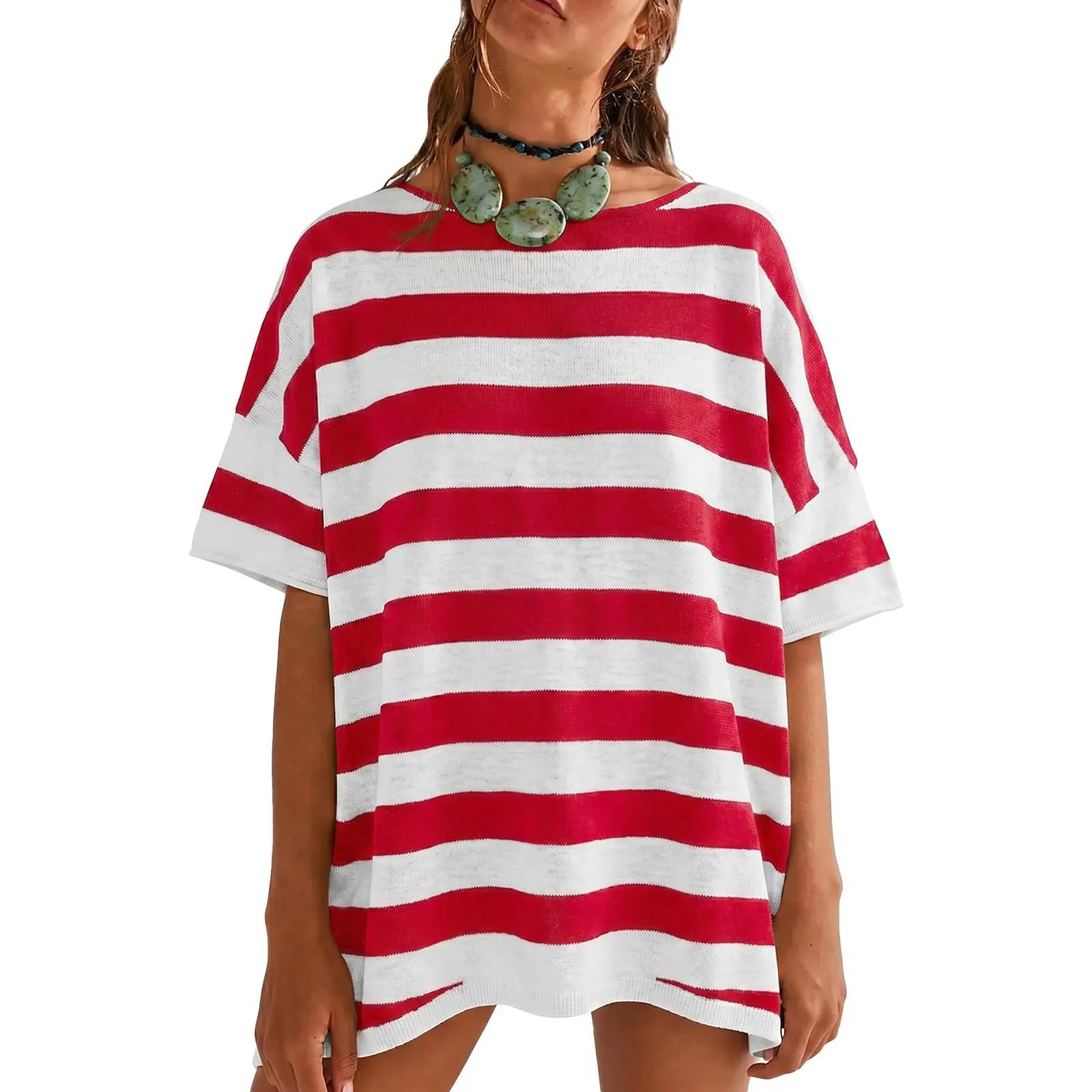 Women's Oversized T Shirts Casual Summer Crew Neck Loose Dropped Short Sleeve Side Slit Hem Blouse Tunic Tops Sweater Tee