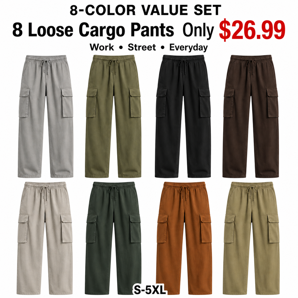 8-Color loose cargo pants value set detail image