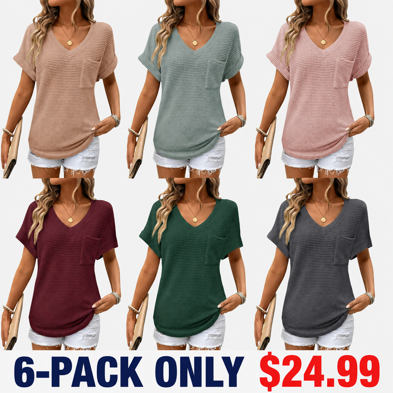 Women's Waffle Knit V-Neck Casual Summer Tops - Lightweight & Breathable Basic Tee for Beach, Party, Work