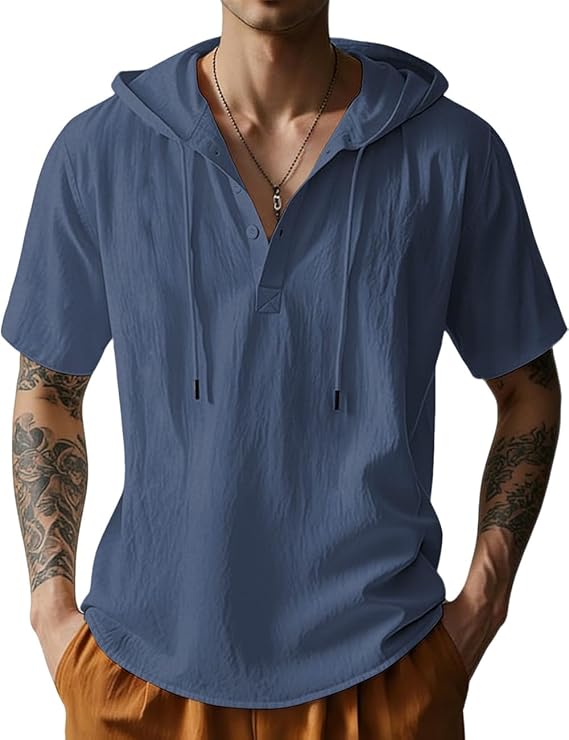 Men's Cotton Linen Shirts Short Sleeve Casual Button Down Hoodies Summer Hawaiian Beach Top with Drawstring