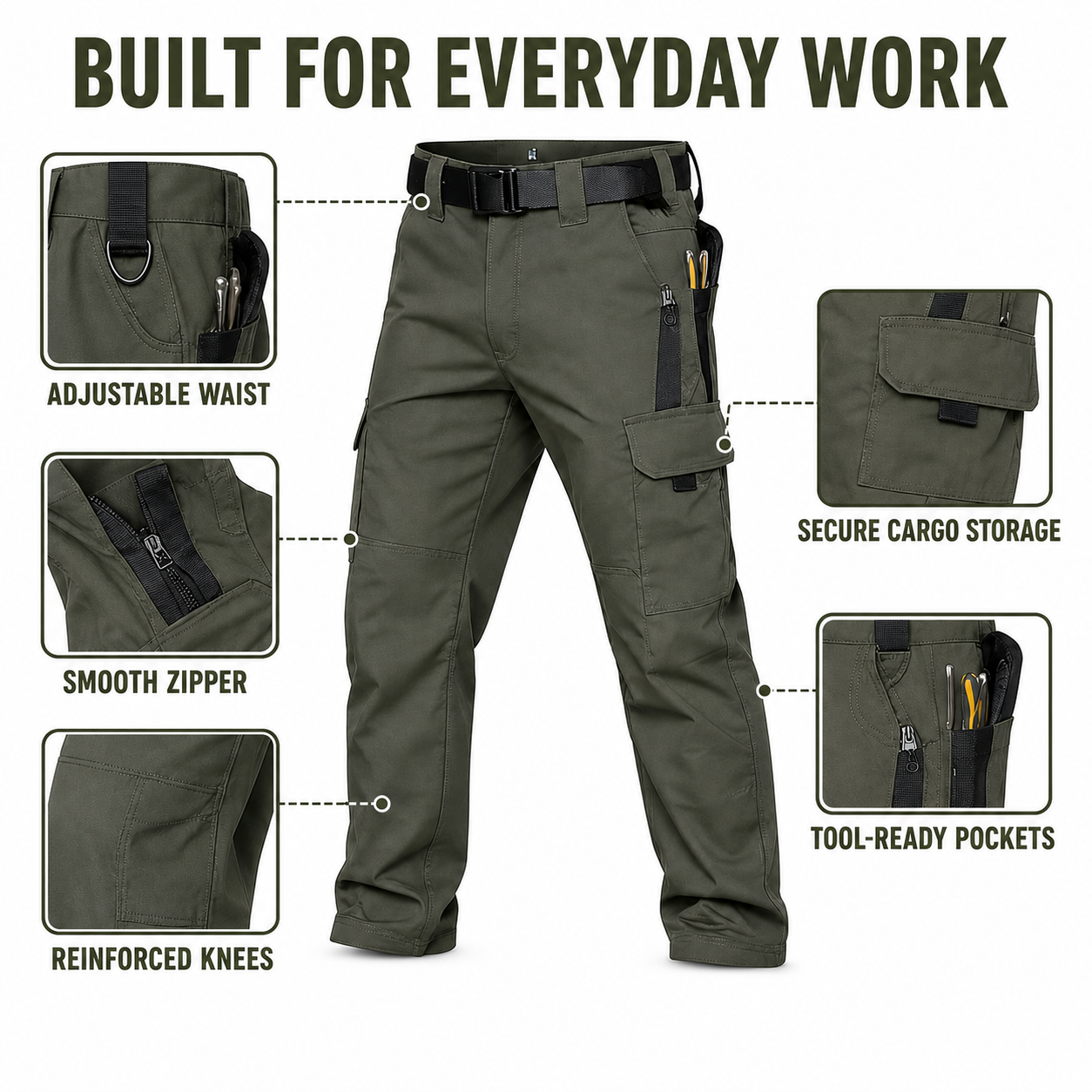 Men's multi-pocket tactical work pants utility feature details