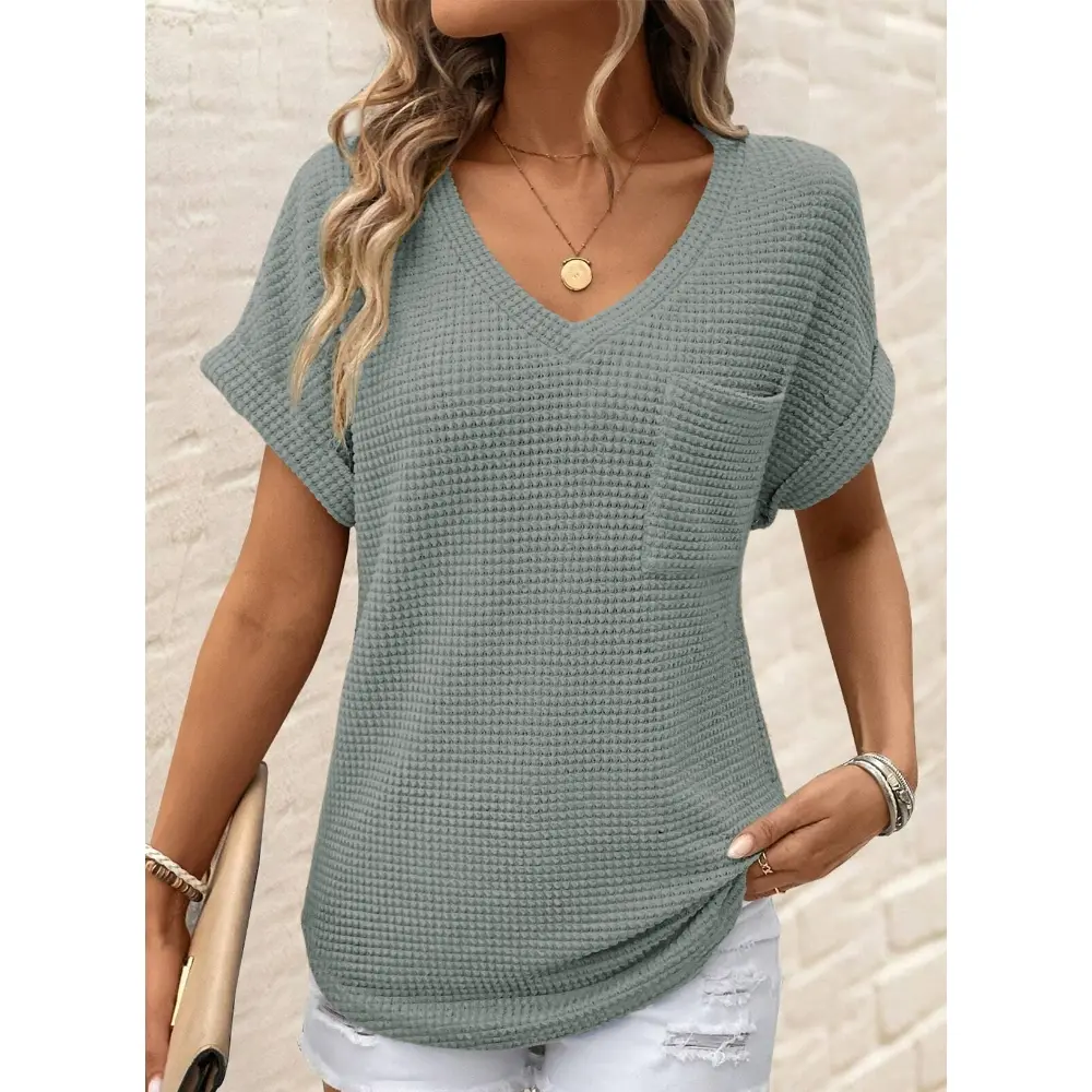 Women's Waffle Knit V-Neck Casual Summer Tops - Lightweight & Breathable Basic Tee for Beach, Party, Work