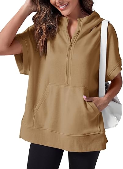 Women's Oversized Half Zip Hoodies Short Sleeve Casual Sweatshirts Pullover Tops with Pockets