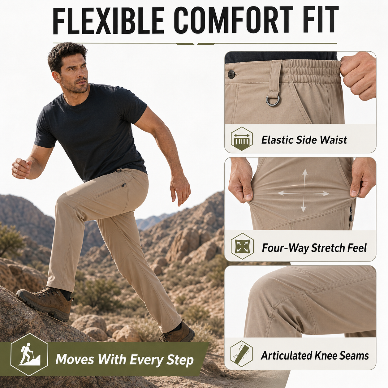 Hiking cargo pants flexible comfort fit detail image