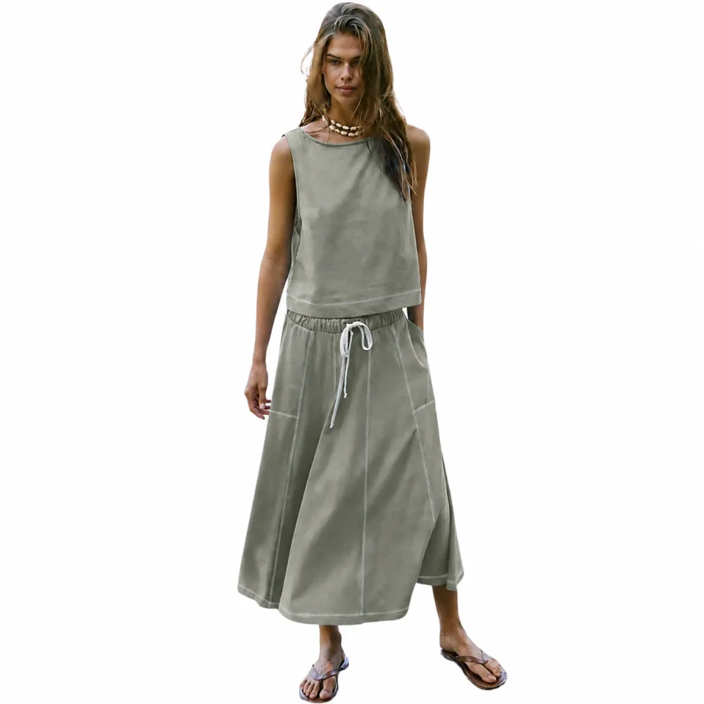 Women's Sleeveless Crop Top Midi Skirt Two Piece Set