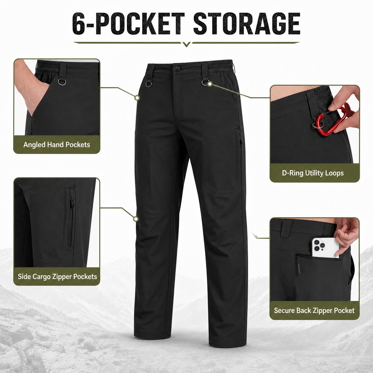 Hiking cargo pants six-pocket storage detail image
