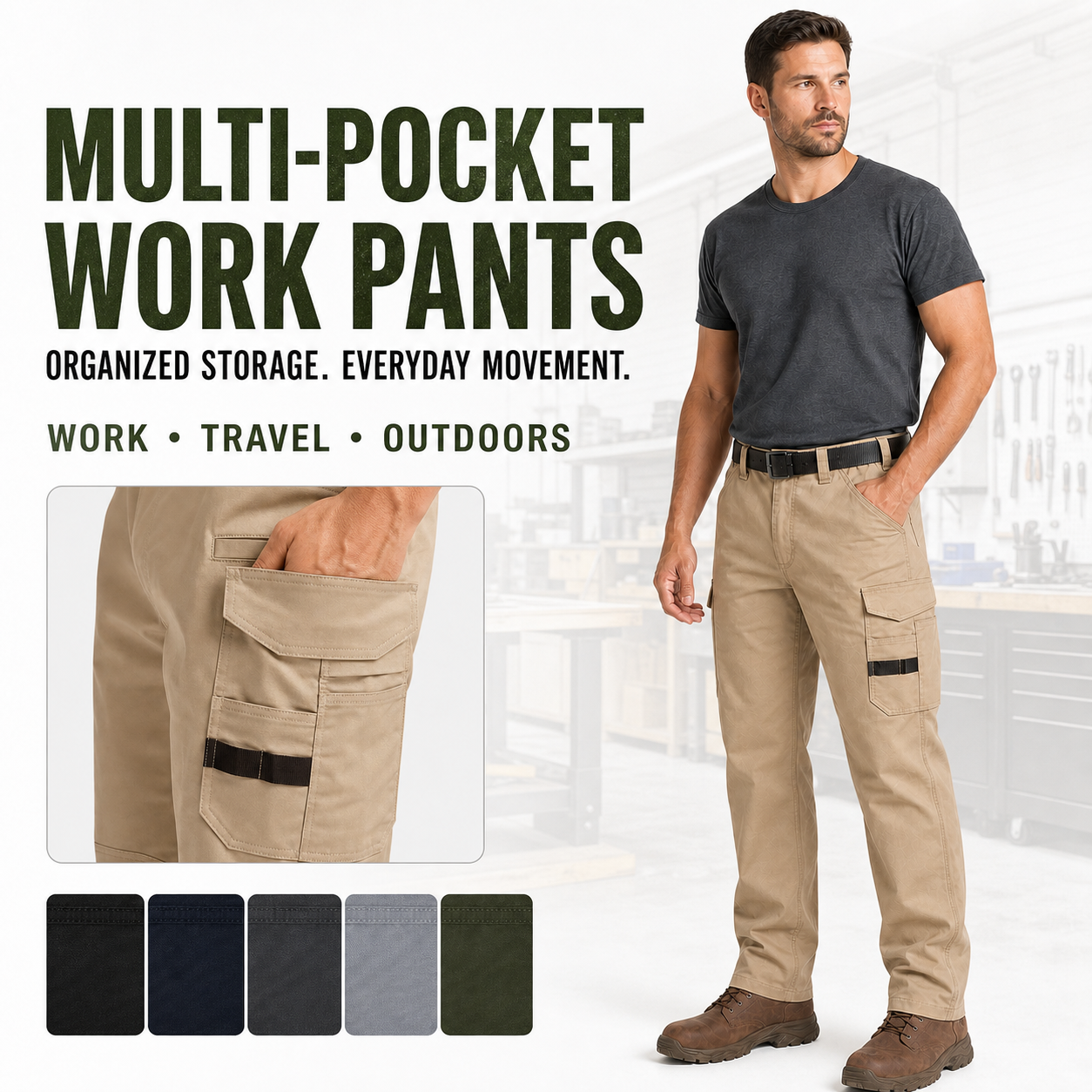 Men's multi-pocket work pants description hero