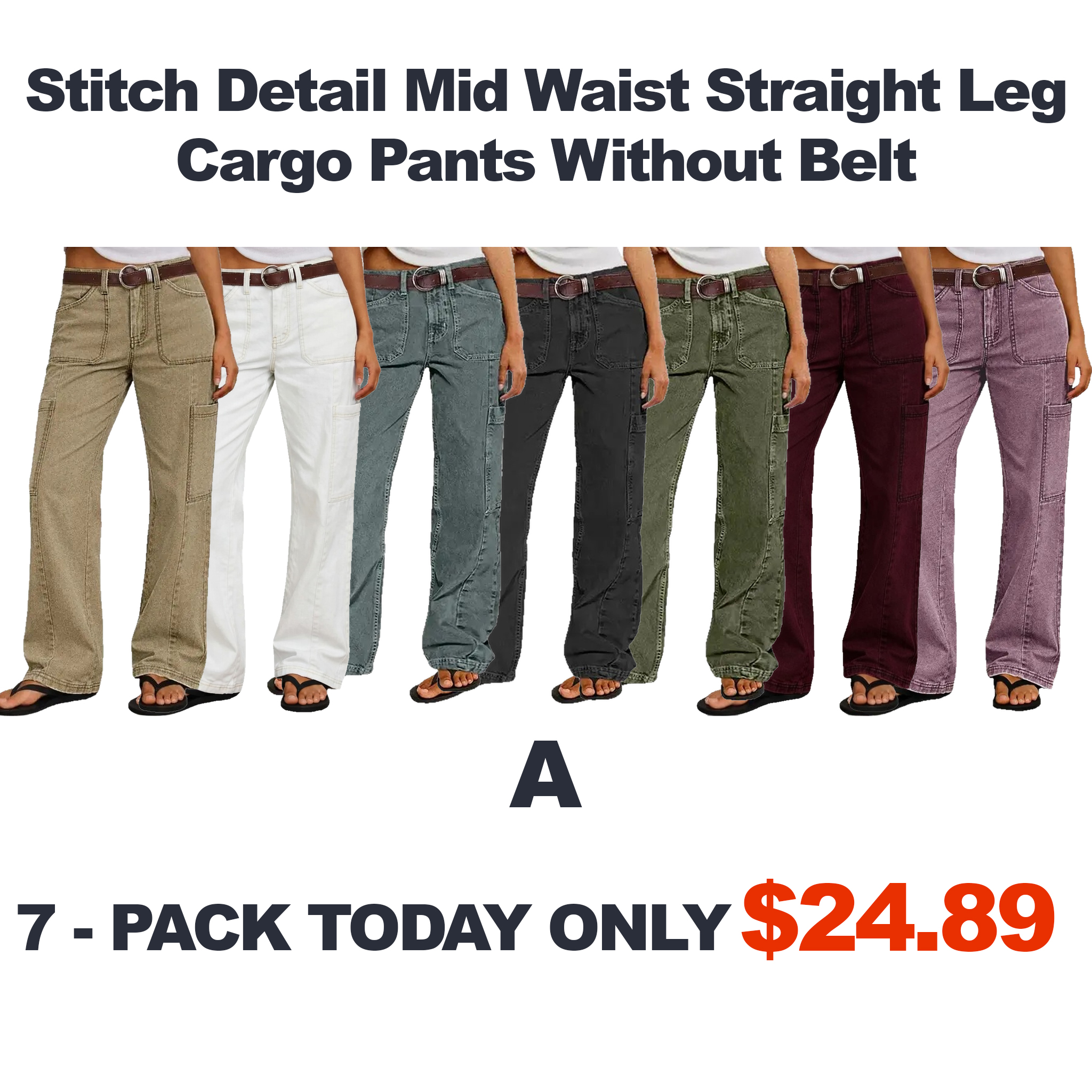 Stitch Detail Mid Waist Straight Leg Cargo Pants Without Belt