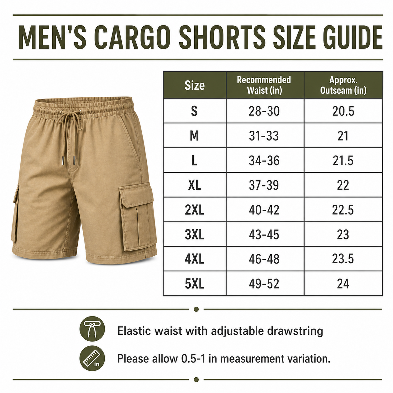Men's cargo shorts size guide