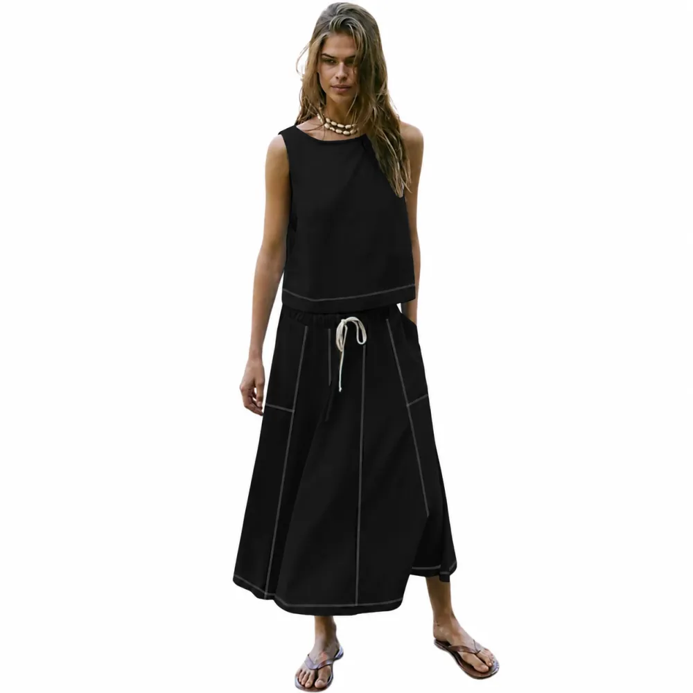Women's Sleeveless Crop Top Midi Skirt Two Piece Set