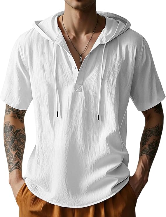 Men's Cotton Linen Shirts Short Sleeve Casual Button Down Hoodies Summer Hawaiian Beach Top with Drawstring