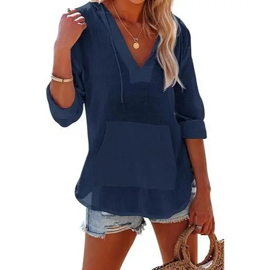 Women's Beach Cover Up hoodies sweatshirt Long Sleeve V-Neck Pocketed Hooded Shirt Top Casual Womenswear