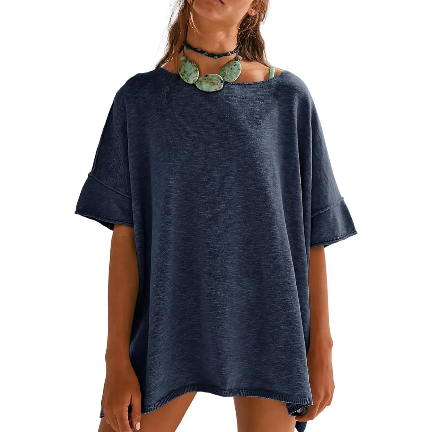 Women's Oversized T Shirts Casual Summer Crew Neck Loose Dropped Short Sleeve Side Slit Hem Blouse Tunic Tops Sweater Tee