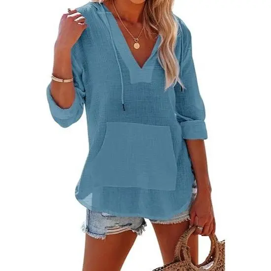 Women's Beach Cover Up hoodies sweatshirt Long Sleeve V-Neck Pocketed Hooded Shirt Top Casual Womenswear