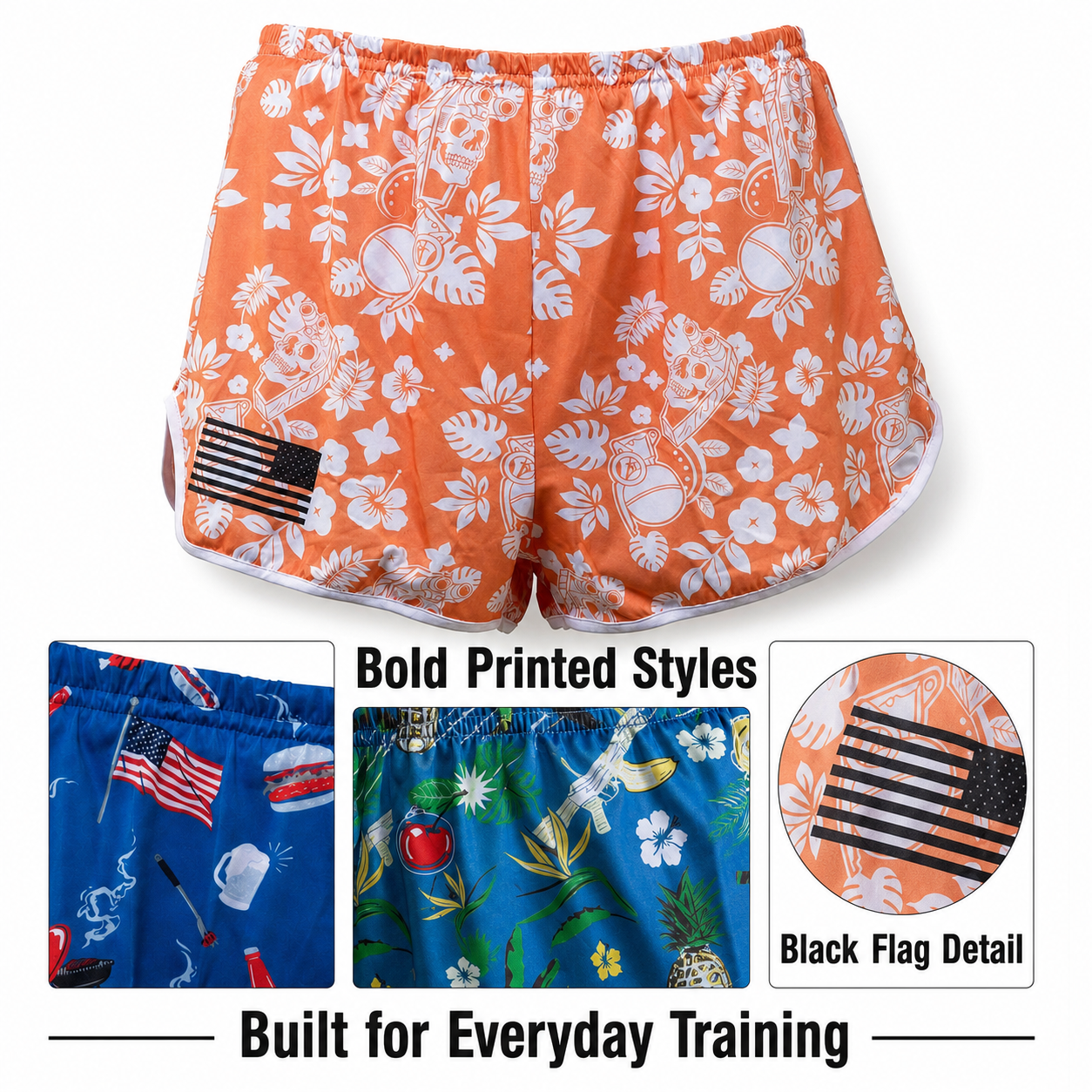 Running shorts printed styles and flag badge detail