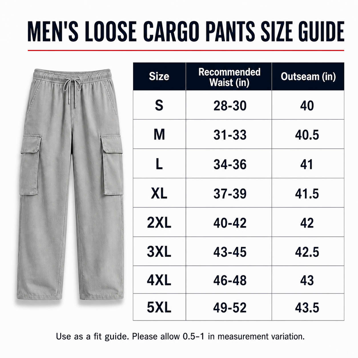 Men's loose cargo pants size guide
