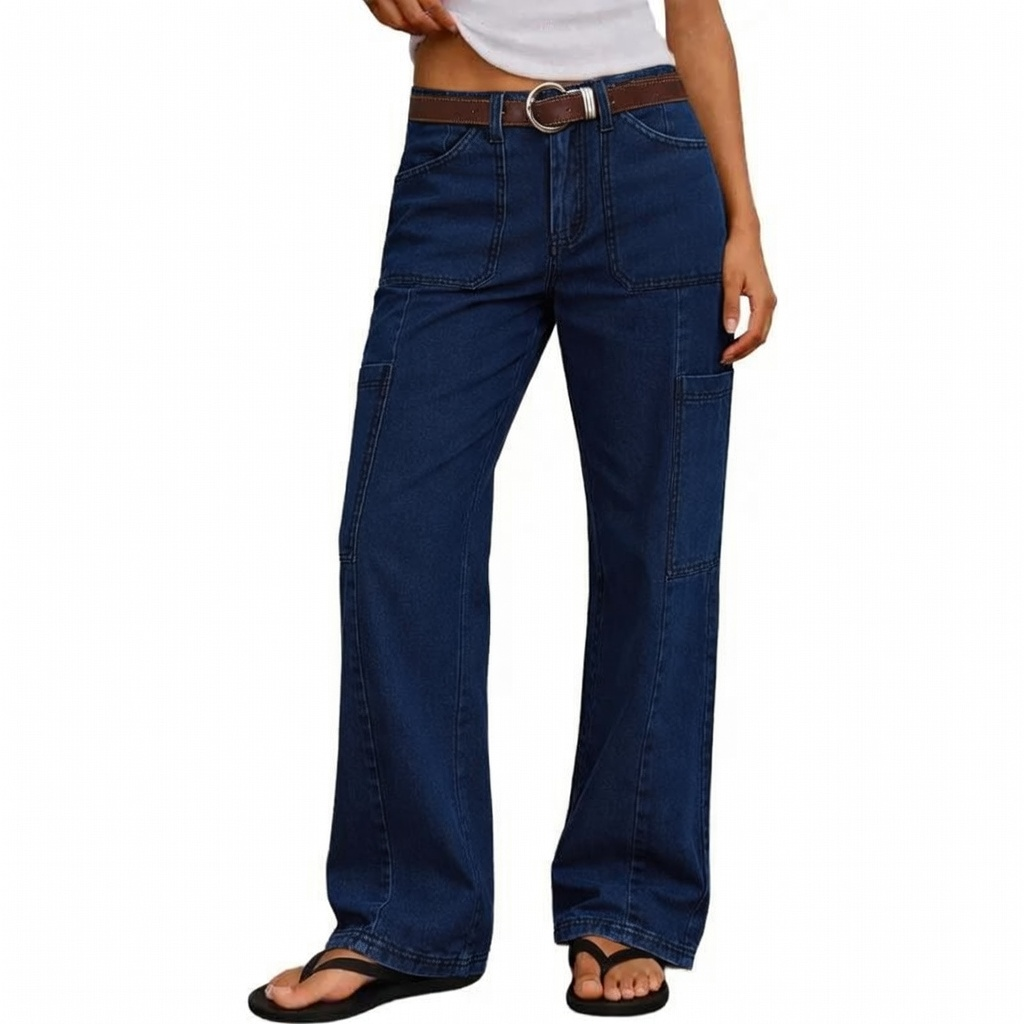 Stitch Detail Mid Waist Straight Leg Cargo Pants Without Belt