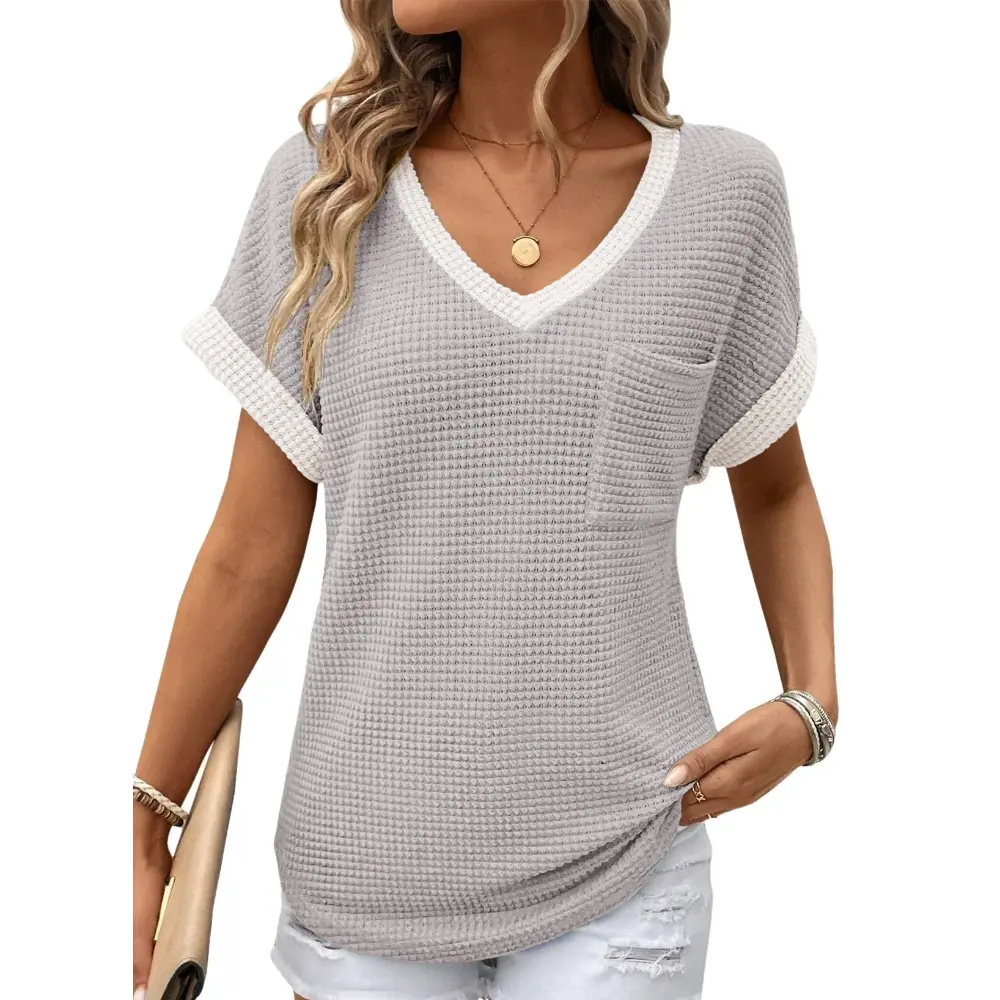 Women's Waffle Knit V-Neck Casual Summer Tops - Lightweight & Breathable Basic Tee for Beach, Party, Work
