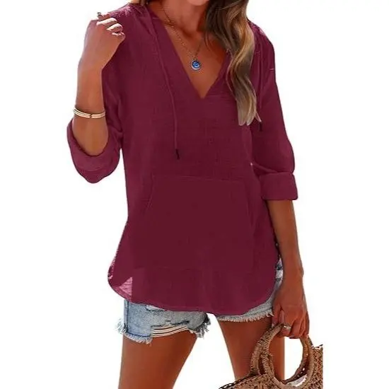Women's Beach Cover Up hoodies sweatshirt Long Sleeve V-Neck Pocketed Hooded Shirt Top Casual Womenswear