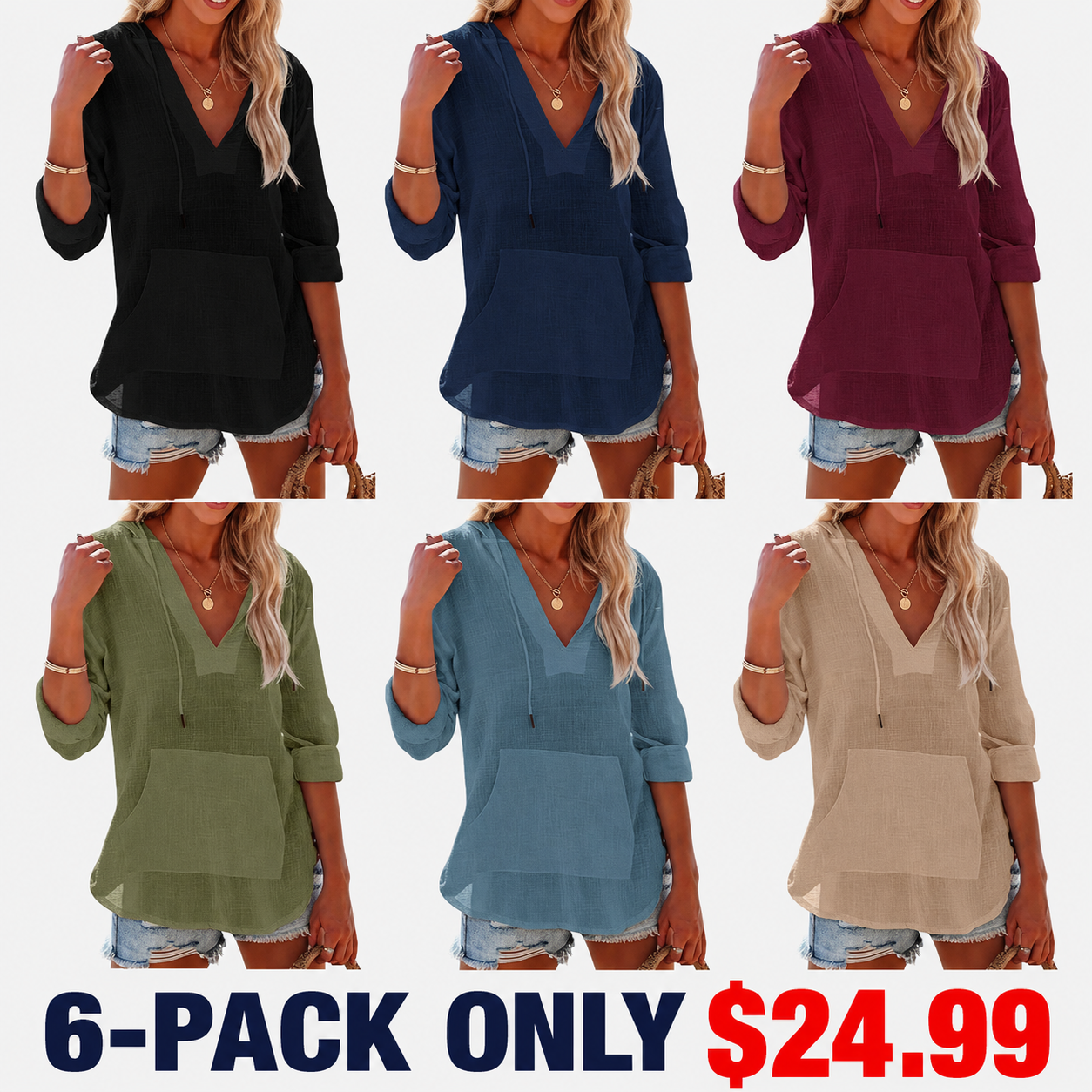 Women's Beach Cover Up hoodies sweatshirt Long Sleeve V-Neck Pocketed Hooded Shirt Top Casual Womenswear