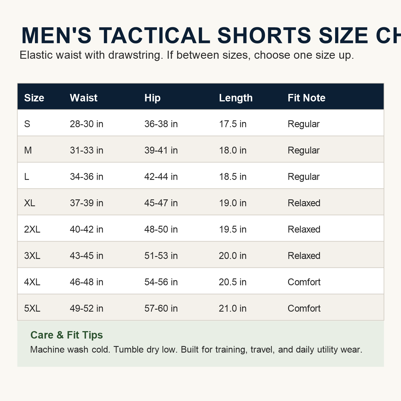 Tactical shorts size chart