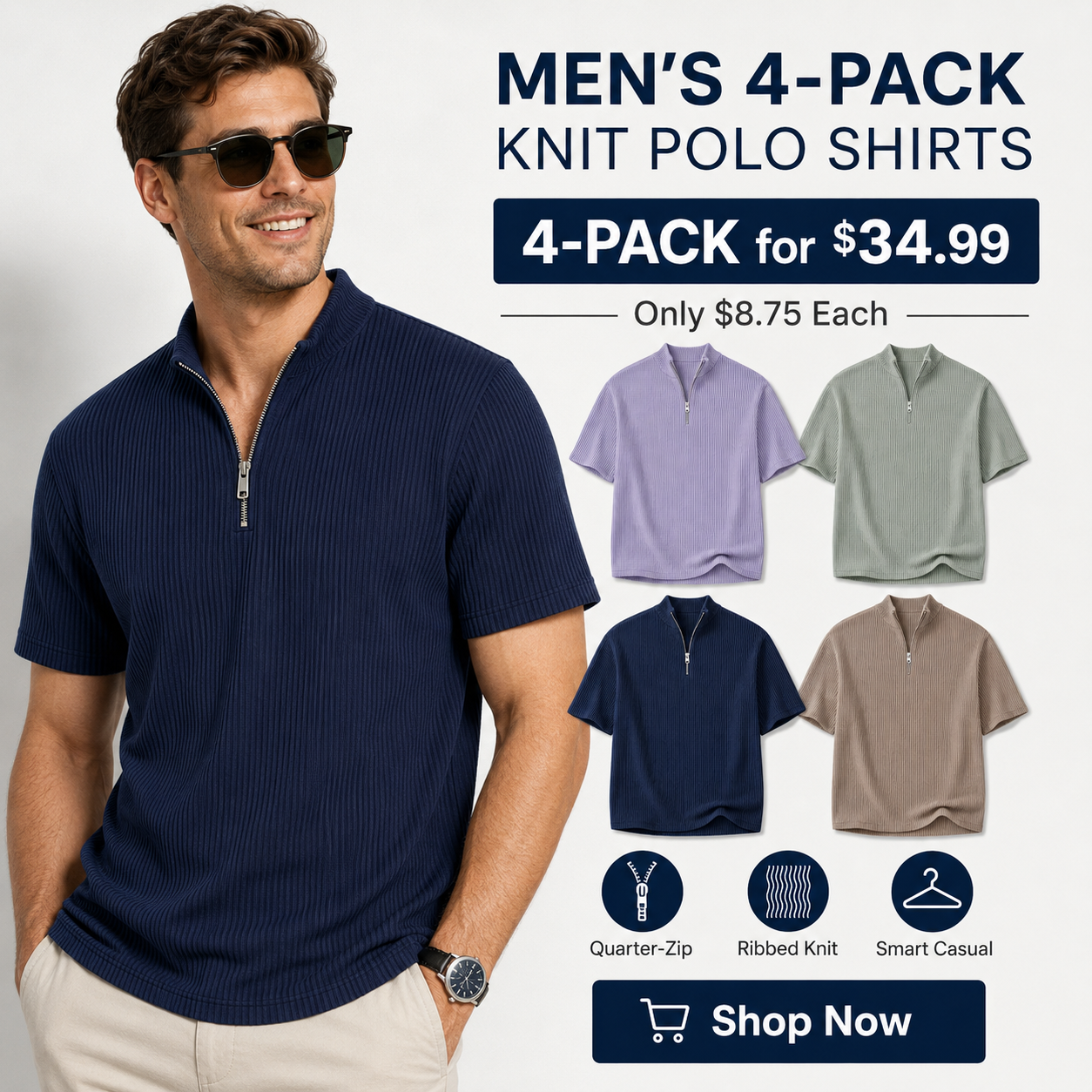 Men's Short Sleeve Zip Mock Neck Knit Top