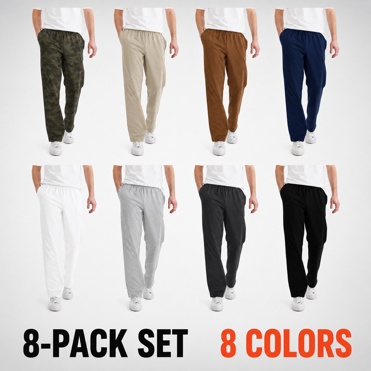 Value Bundle 8-Pack Men's Lightweight Elastic-Waist Straight-Leg Lounge Pants, Breathable Relaxed Casual Fit