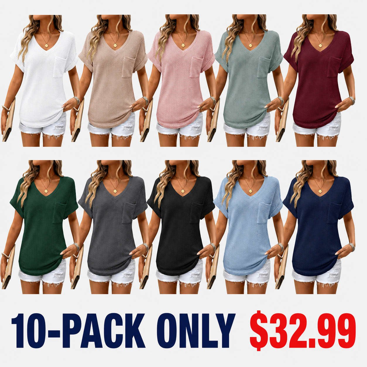 Women's Waffle Knit V-Neck Casual Summer Tops - Lightweight & Breathable Basic Tee for Beach, Party, Work