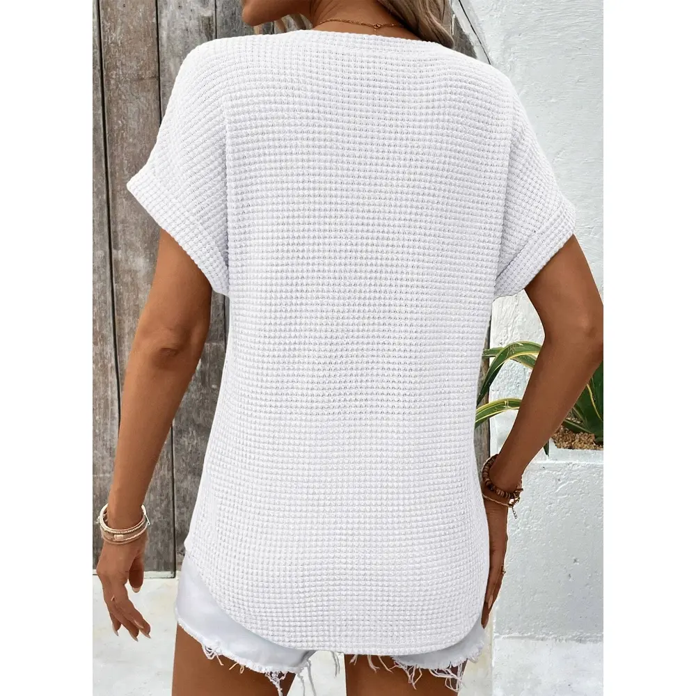 Women's Waffle Knit V-Neck Casual Summer Tops - Lightweight & Breathable Basic Tee for Beach, Party, Work