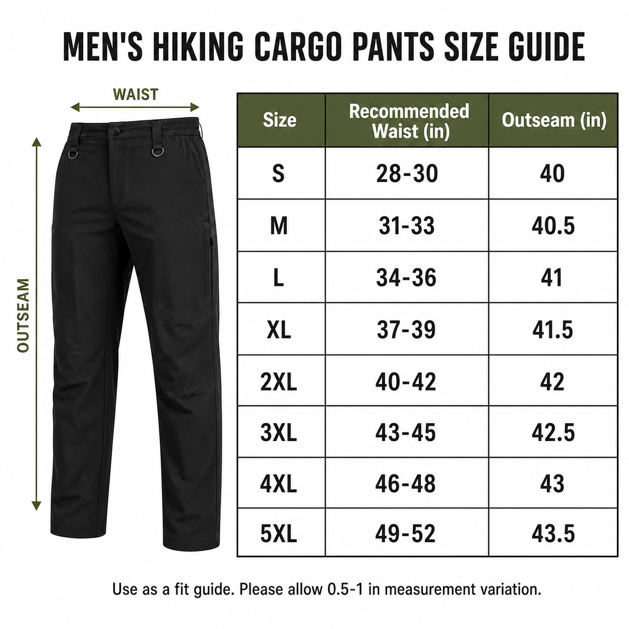 Men's hiking cargo pants size guide