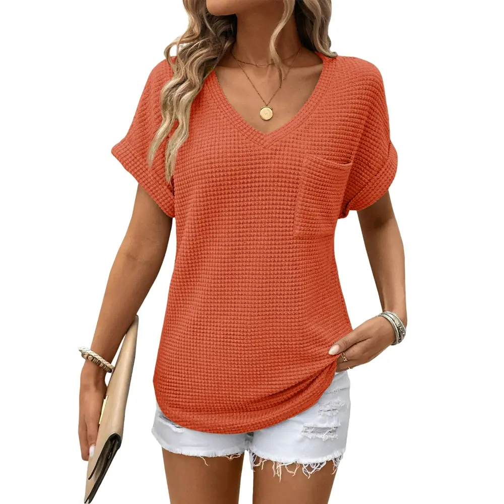 Women's Waffle Knit V-Neck Casual Summer Tops - Lightweight & Breathable Basic Tee for Beach, Party, Work