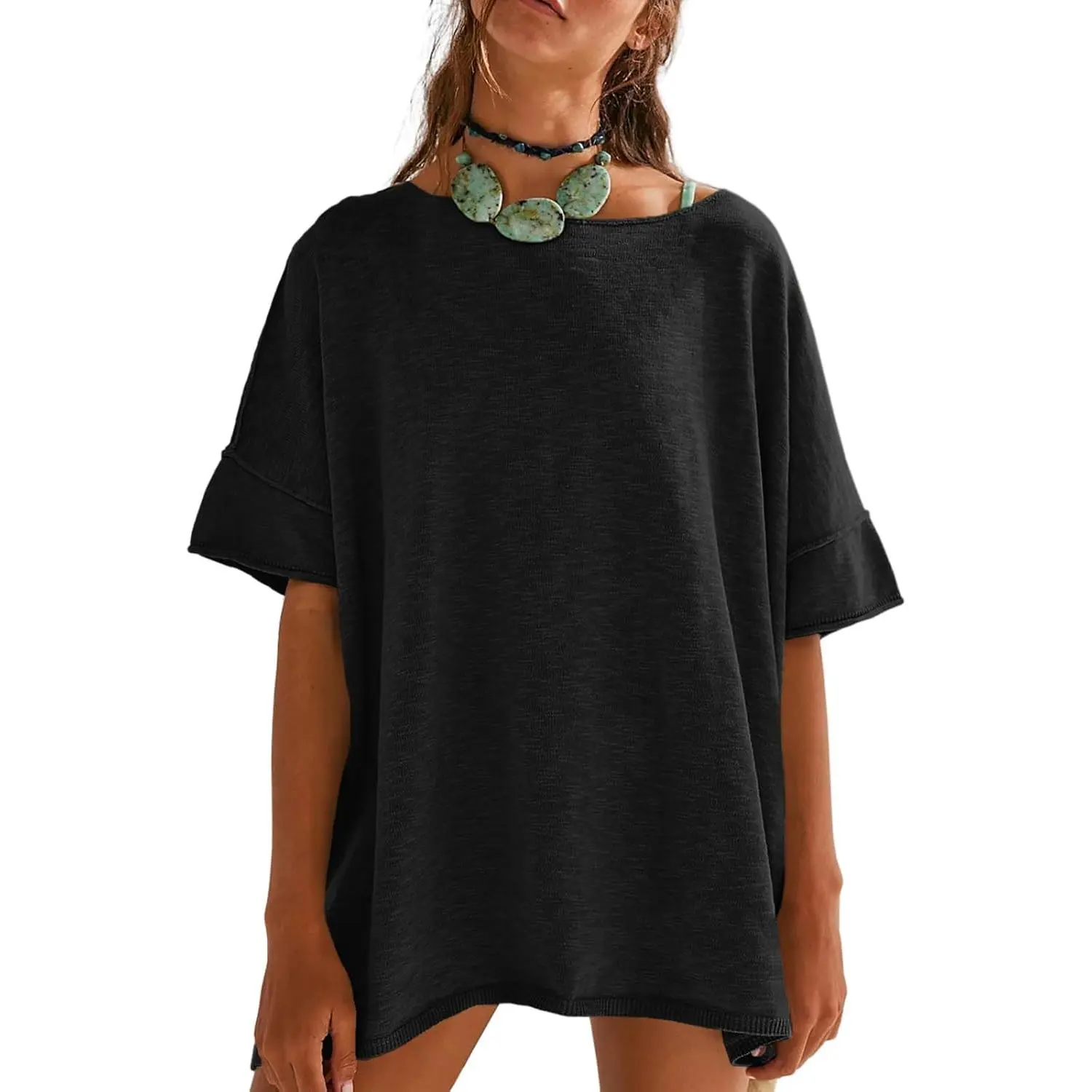 Women's Oversized T Shirts Casual Summer Crew Neck Loose Dropped Short Sleeve Side Slit Hem Blouse Tunic Tops Sweater Tee