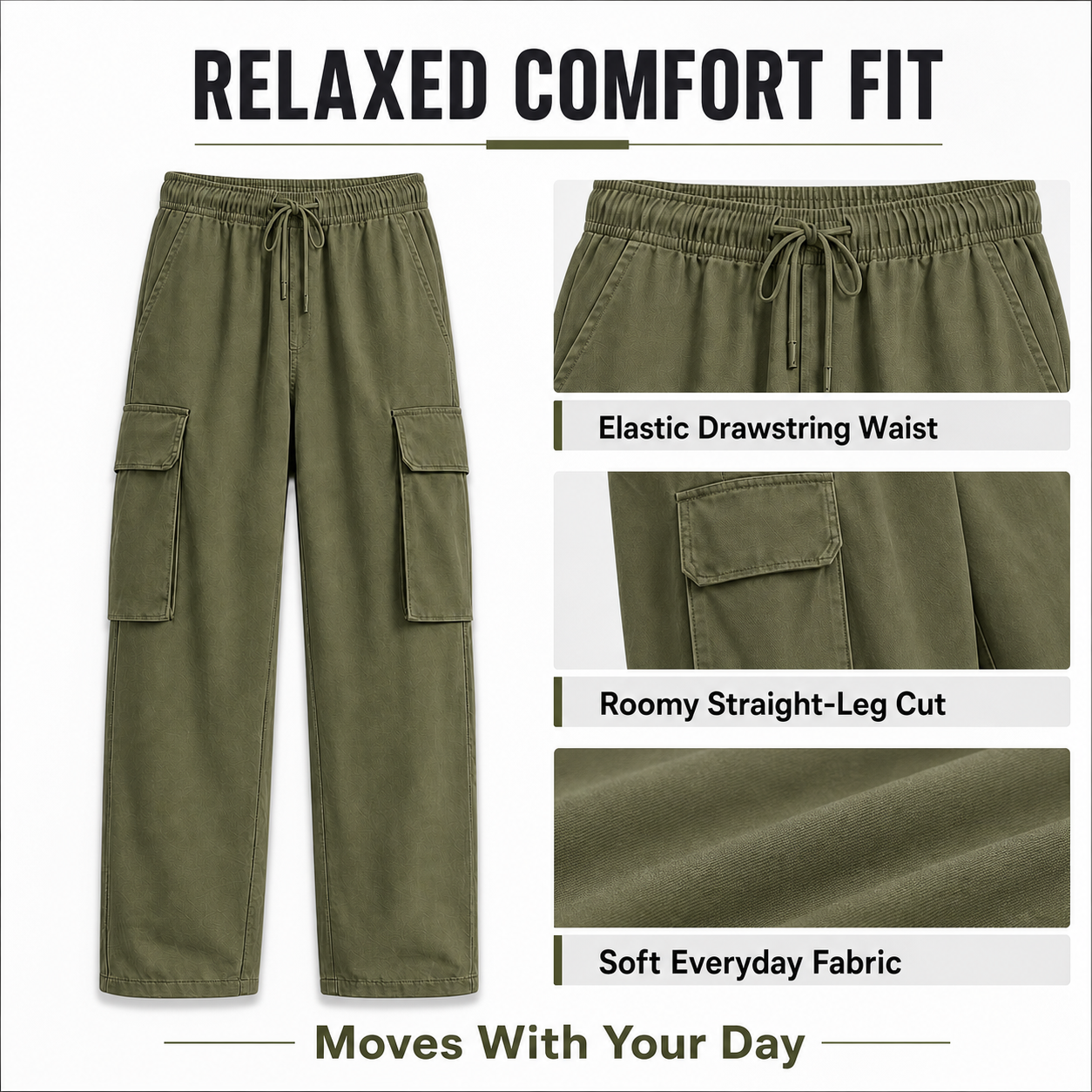 Loose cargo pants relaxed comfort fit detail image