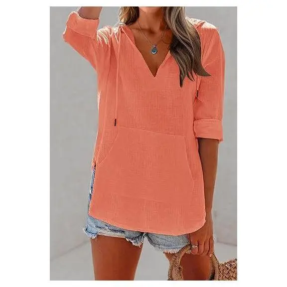 Women's Beach Cover Up hoodies sweatshirt Long Sleeve V-Neck Pocketed Hooded Shirt Top Casual Womenswear