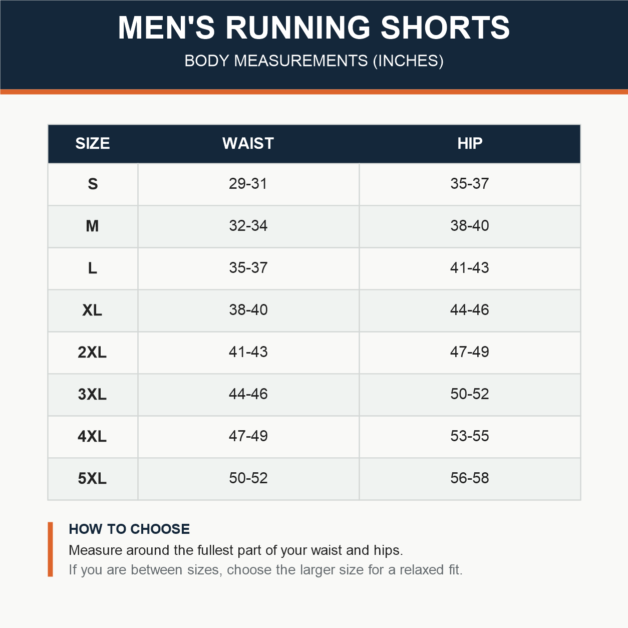 Men's printed running shorts size chart